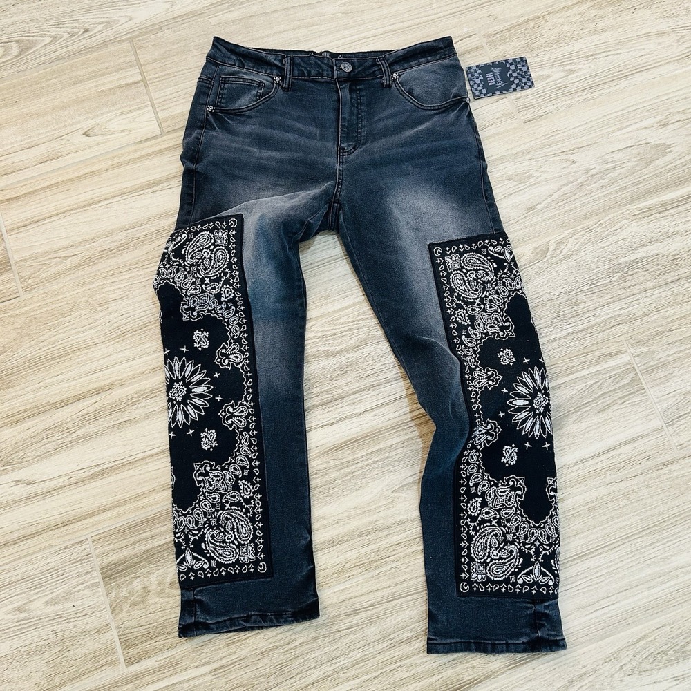 REBEL VENGEANCE MENS BLACK WASH BANDANA JEANS SIZE 36x32 New With Tags